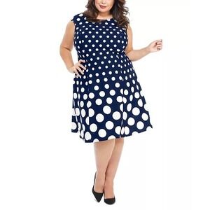 London Times Dress Womens 24W 24 Plus Navy Blue White Polka Dot Fun Sleeveless